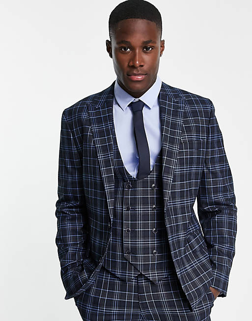 Suits wedding slim suit jacket in navy and burgundy window check 