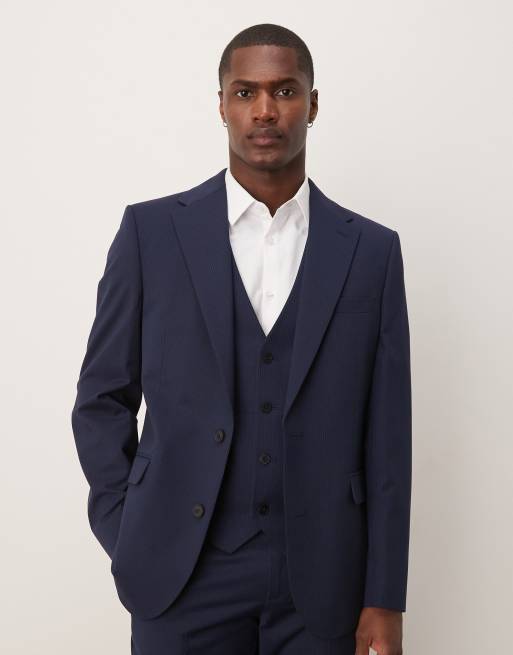 ASOS DESIGN wedding slim suit jacket in navy pinstripe, 2 of 5