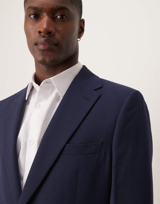 ASOS DESIGN wedding slim suit jacket in navy pinstripe, 3 of 5