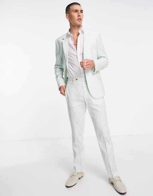 ASOS DESIGN Wedding slim suit jacket in pastel green linen mix