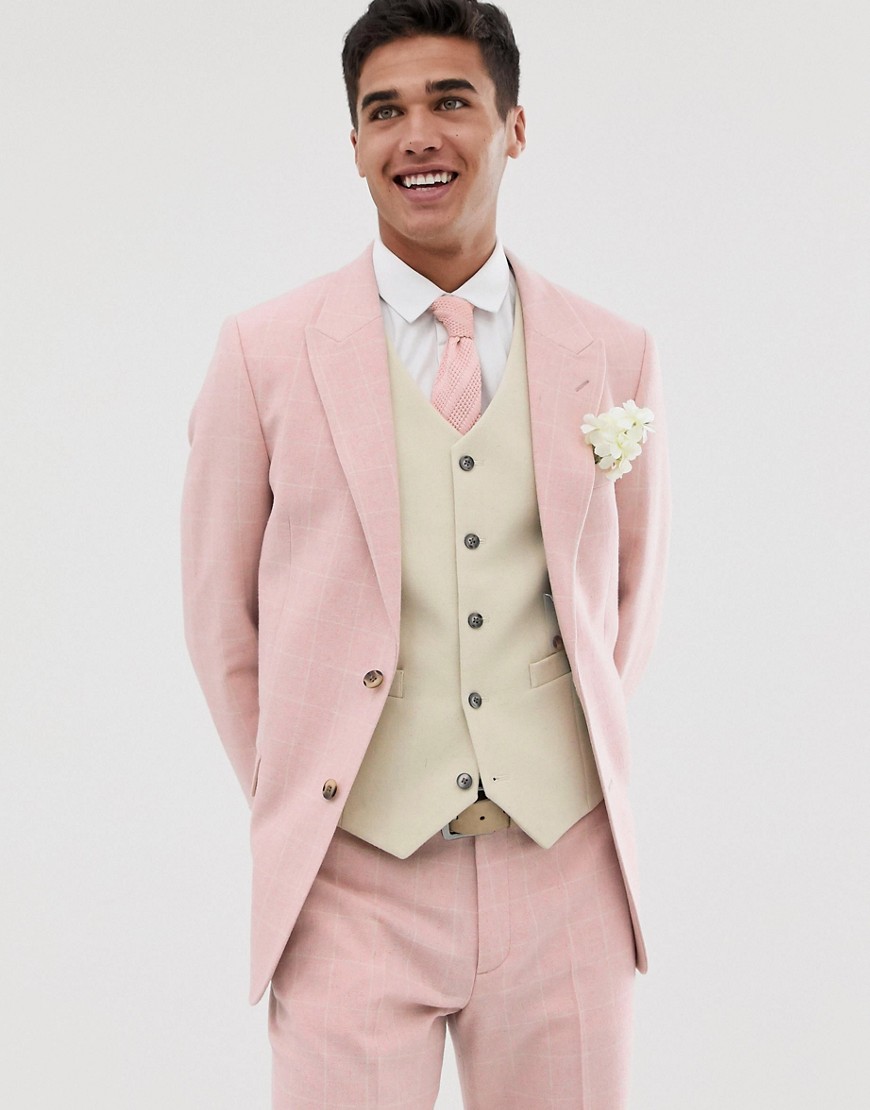 ASOS DESIGN wedding slim suit jacket in pink wool blend check
