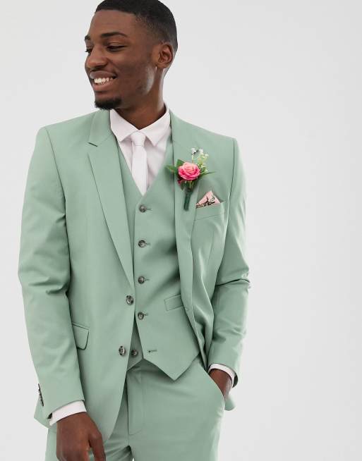 ASOS DESIGN wedding skinny blazer with gold buttons in sage green