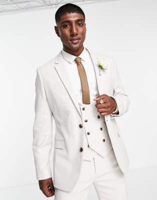 ASOS DESIGN wedding slim suit jacket in stone birdseye texture-Neutral