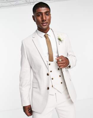 ASOS DESIGN wedding slim suit jacket in stone birdseye texture  - view 1