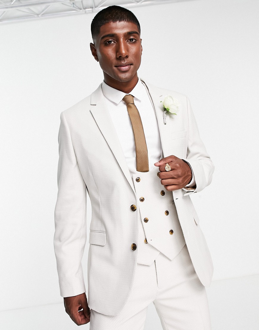 ASOS DESIGN wedding slim suit jacket in stone birdseye texture-Neutral