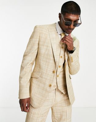 Asos Design Wedding Skinny Suit Jacket In Stone Crosshatch-neutral