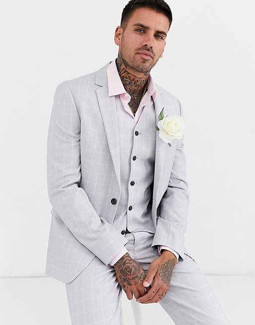 ASOS DESIGN wedding slim suit jacket in windowpane check in ice grey