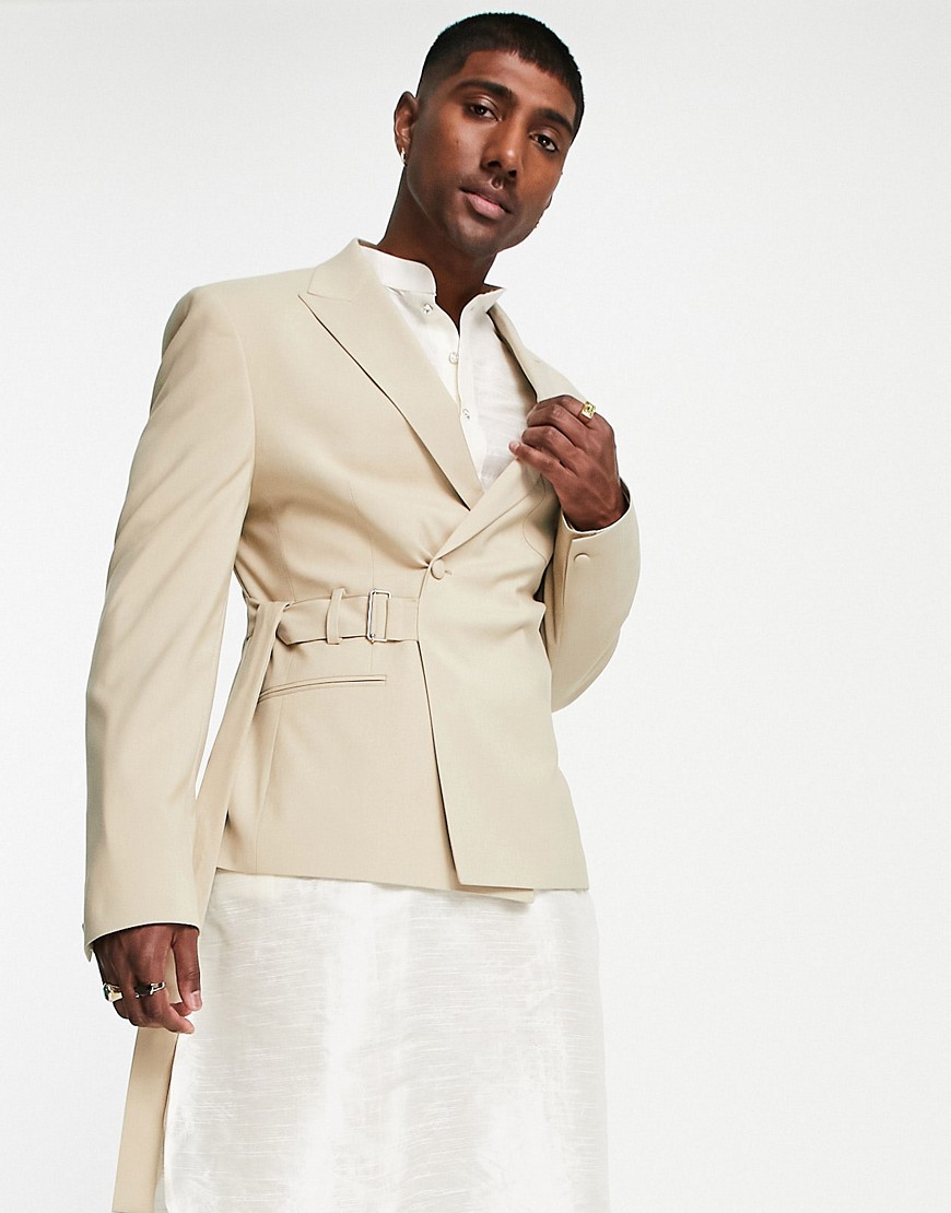 ASOS DESIGN wedding slim suit jacket with belt detail in beige-Brown