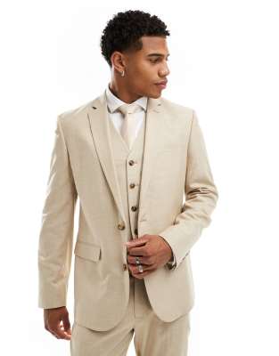 ASOS DESIGN wedding slim suit jacket with linen in stone-Neutral