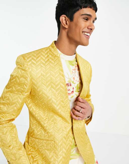 ASOS DESIGN wedding slim suit jacket with mandarin collar in tan pattern jacquard