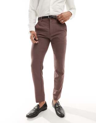 Asos Design Wedding Slim Suit Pants In Burgundy Microtexture-red