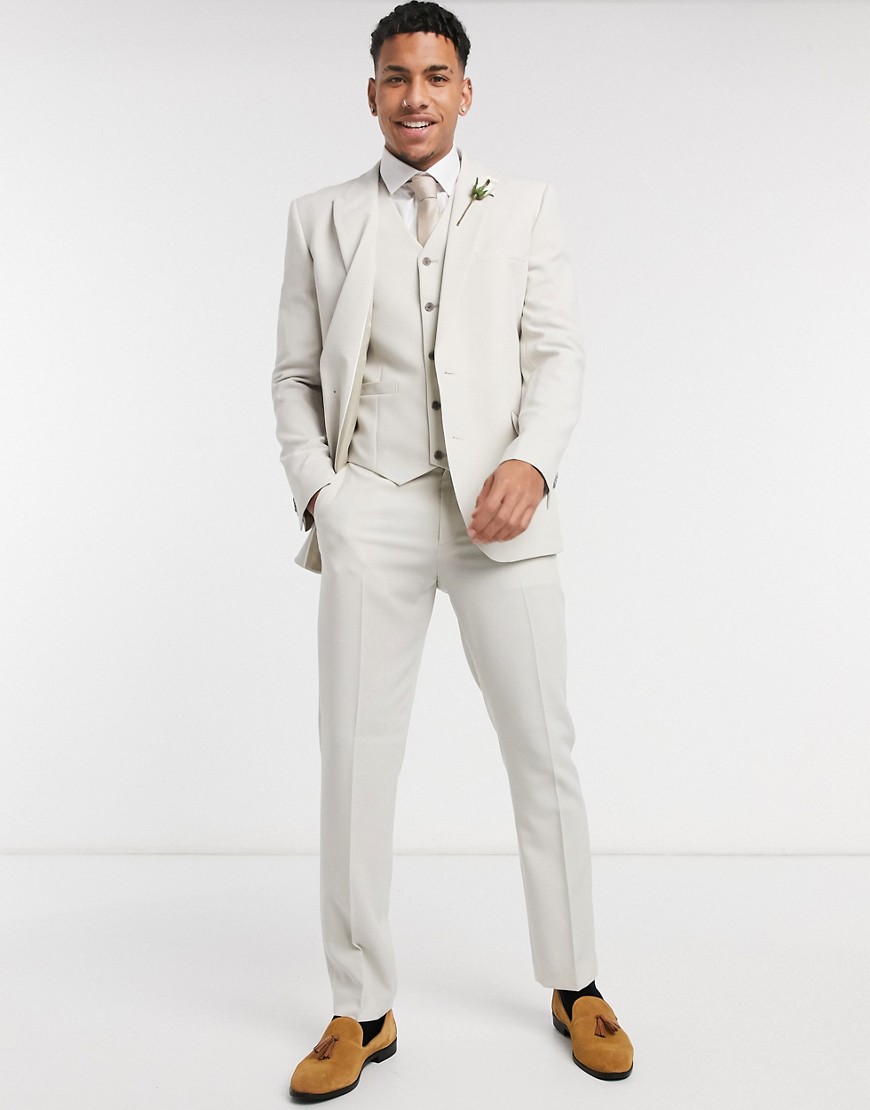 Asos Design Wedding Slim Suit Pants In Stone Crosshatch-neutral