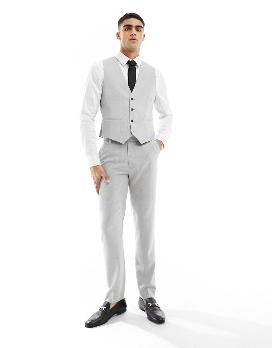 ASOS DESIGN wedding slim suit trouser in light grey birdseye texture
