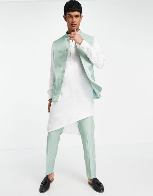 ASOS DESIGN wedding Nehru slim suit jacket with mandarin collar in high  shine green