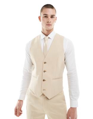 Asos Design Wedding Slim Suit Vest In Camel Micro Texture-neutral