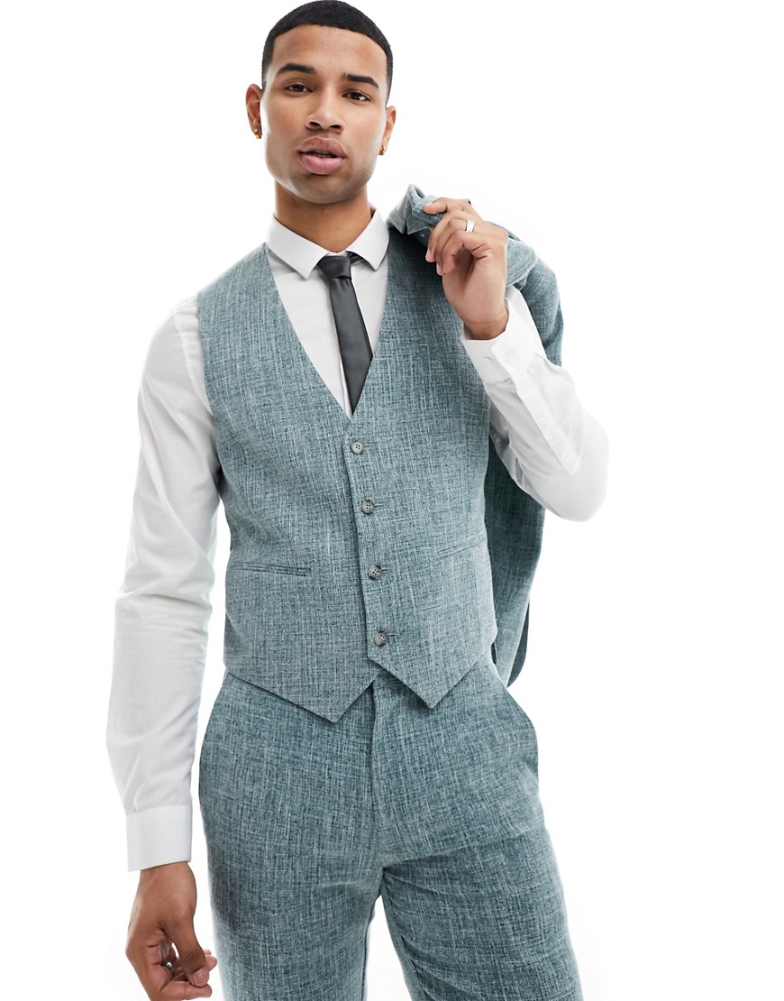 Asos Design Wedding Slim Suit Vest In Green Crosshatch