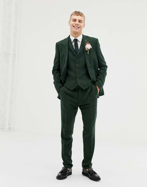 ASOS DESIGN wedding slim suit vest in green wool mix herringbone