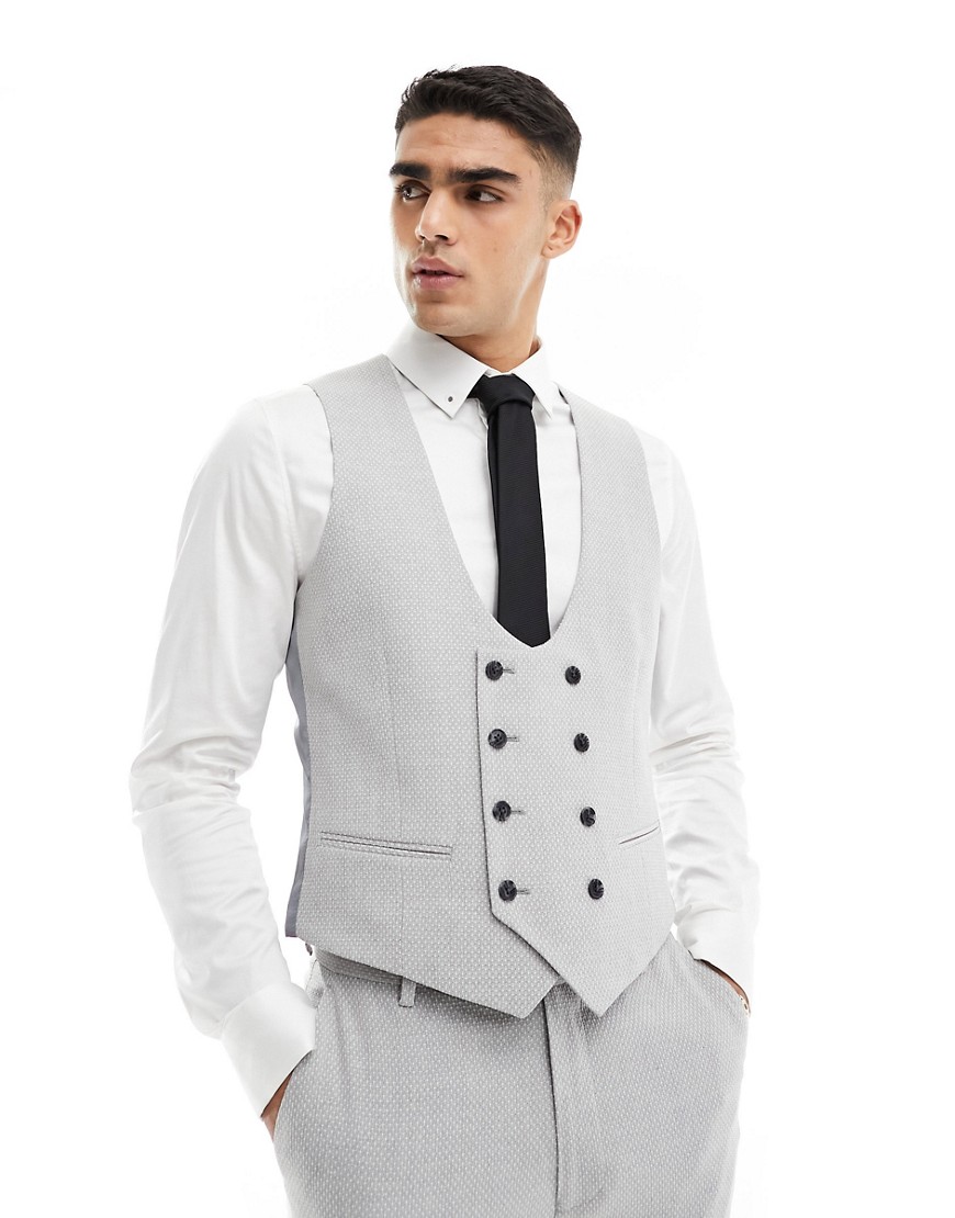 Asos Design Wedding Slim Suit Vest In Light Gray Birdseye Texture