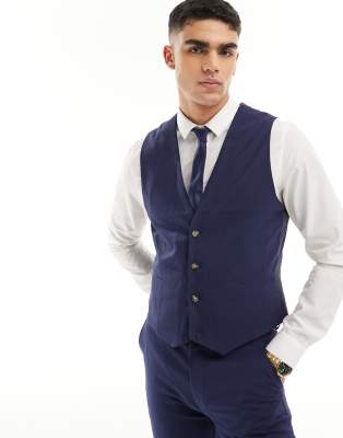 Asos Design Wedding Slim Suit Vest In Navy Microtexture