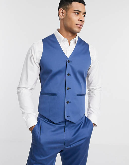 ASOS DESIGN wedding slim suit waistcoat in blue stretch cotton