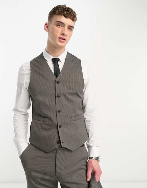 ASOS DESIGN wedding slim suit waistcoat in brown texture