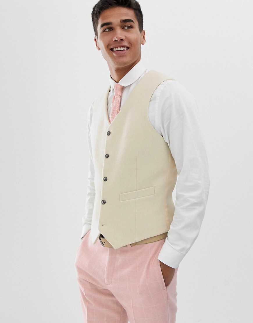 ASOS DESIGN wedding slim suit waistcoat in cream wool blend-Pink