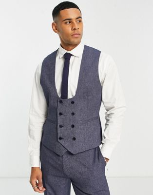 ASOS DESIGN wedding slim suit waistcoat in dark blue micro texture