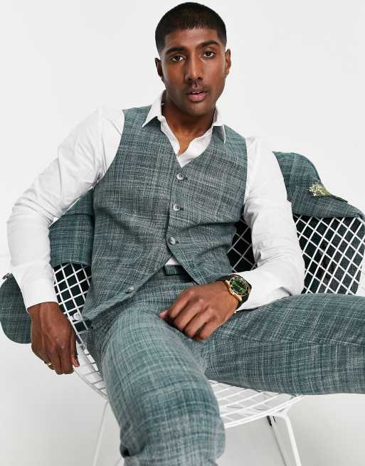 ASOS DESIGN wedding slim suit waistcoat in forest green crosshatch