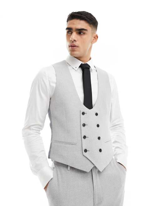 ASOS DESIGN wedding slim suit waistcoat in light grey birdseye texture