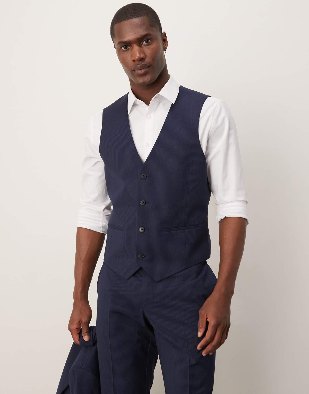 ASOS DESIGN wedding slim suit waistcoat in navy pinstripe