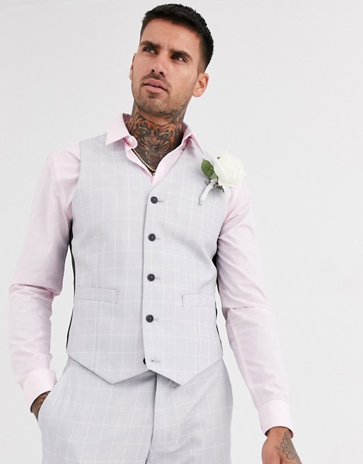 ASOS DESIGN wedding slim suit waistcoat in windowpane check in ice grey