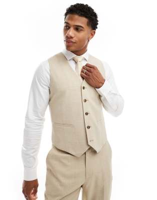 ASOS DESIGN ASOS DESIGN wedding slim suit waistcoat with linen in stone-Neutral