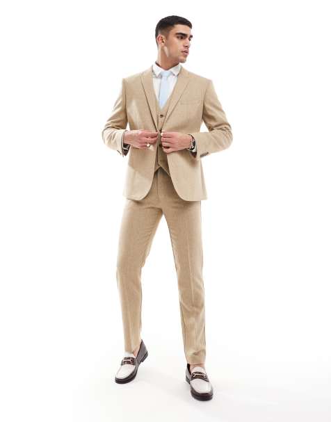 ASOS DESIGN wedding slim wool mix suit in beige basketweave texture - view 1
