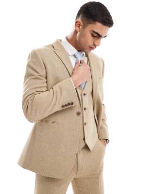 wedding slim wool mix suit jacket in beige basketweave texture-Neutral