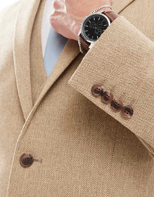 ASOS DESIGN wedding slim wool mix suit jacket in beige basketweave texture