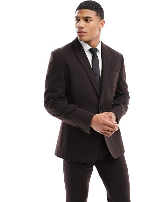 how does chris brown dress Men's Slim Fit One Button Satin Trim Peak Lapel Prom & Wedding Tuxedo in Brown 50 Long / Brown