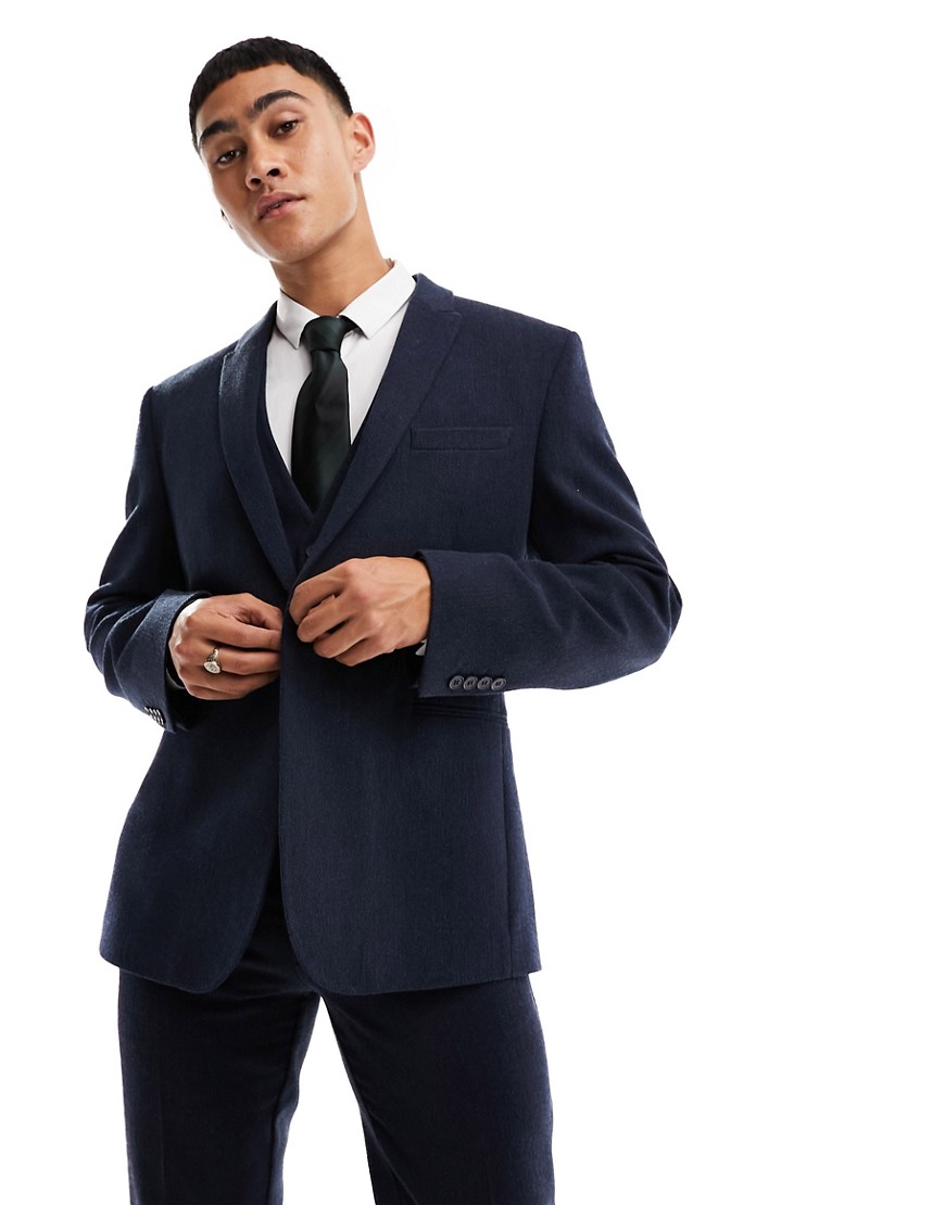 Asos Design Wedding Slim Wool Mix Suit Jacket In Navy Basketweave Texture