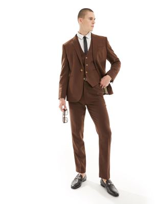 Asos Design Wedding Slim Wool Mix Suit Pants In Brown Basketweave Texture