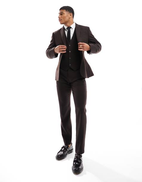 ASOS DESIGN wedding slim wool mix suit pants in dark brown basketweave texture - view 1