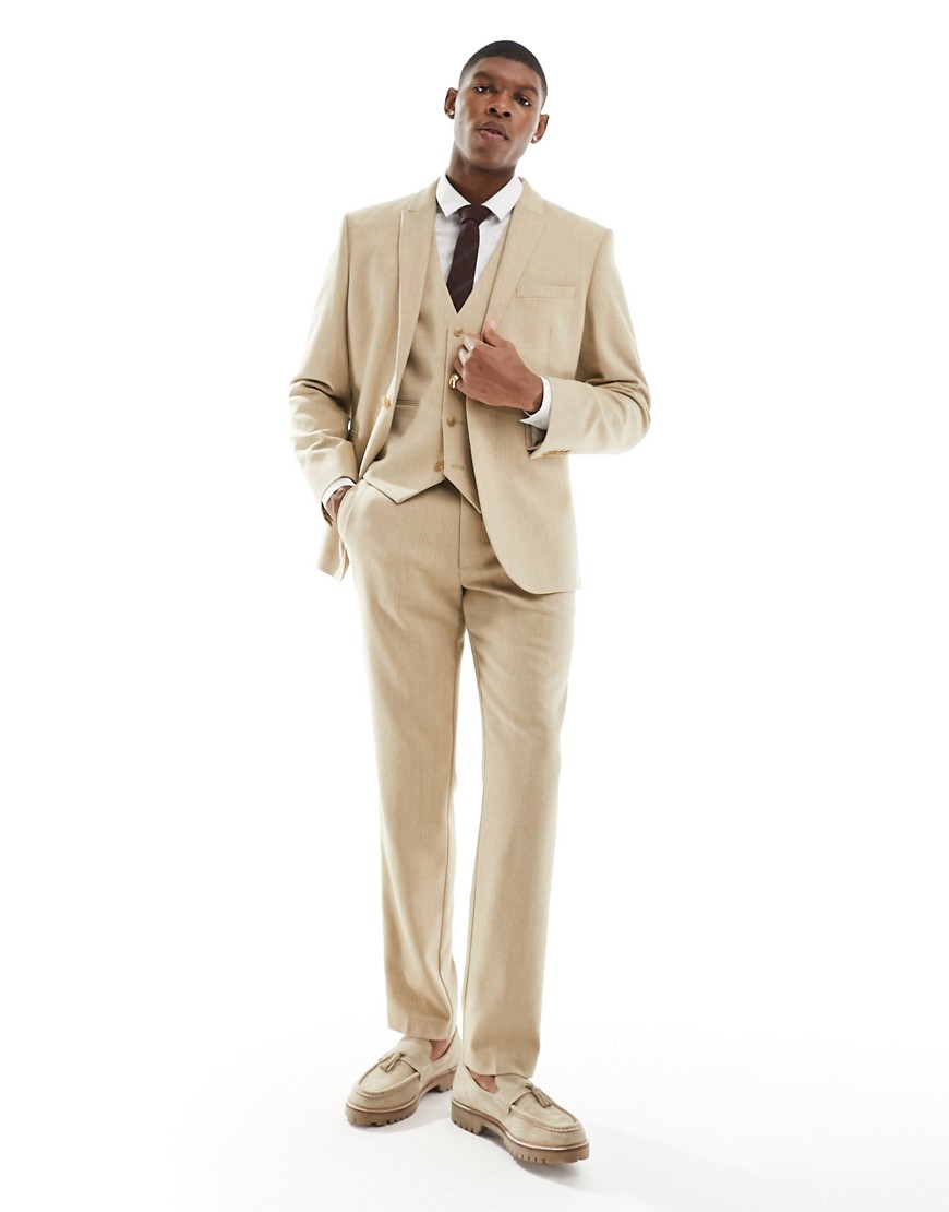 ASOS DESIGN wedding slim wool mix suit trouser in beige basketweave texture-Neutral