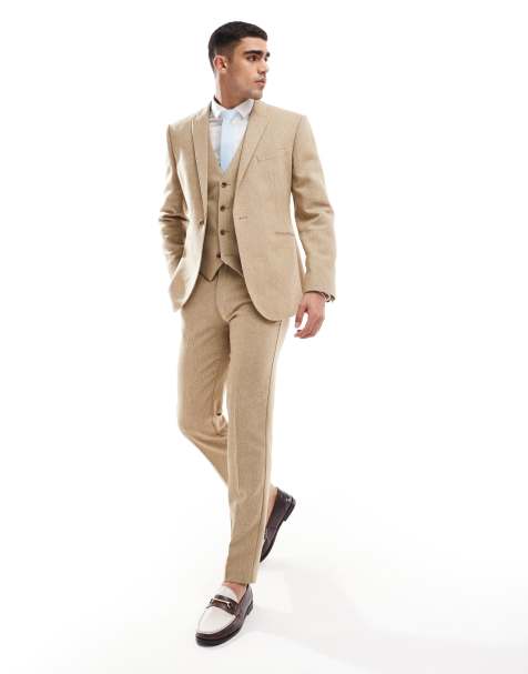 ASOS DESIGN wedding slim wool mix suit trouser in beige basketweave texture - view 1