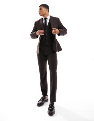 ASOS DESIGN ASOS DESIGN wedding slim wool mix suit trouser in dark brown basketweave texture