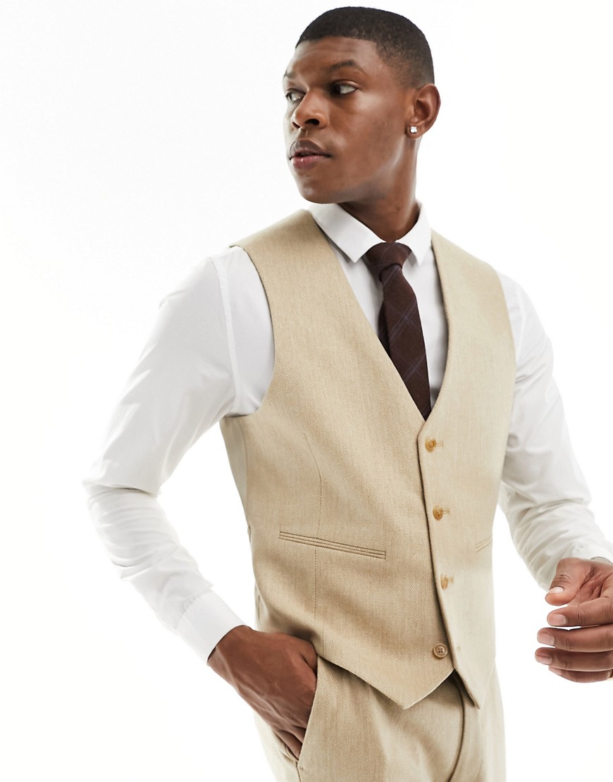 Asos Design Wedding Slim Wool Mix Suit Vest In Beige Basketweave Texture-neutral