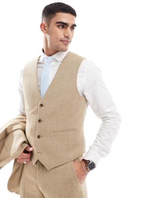 wedding slim wool mix suit vest in beige basketweave texture-Neutral