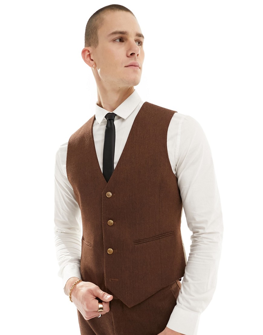 Asos Design Wedding Skinny Wool Mix Suit Vest In Brown Basketweave Texture