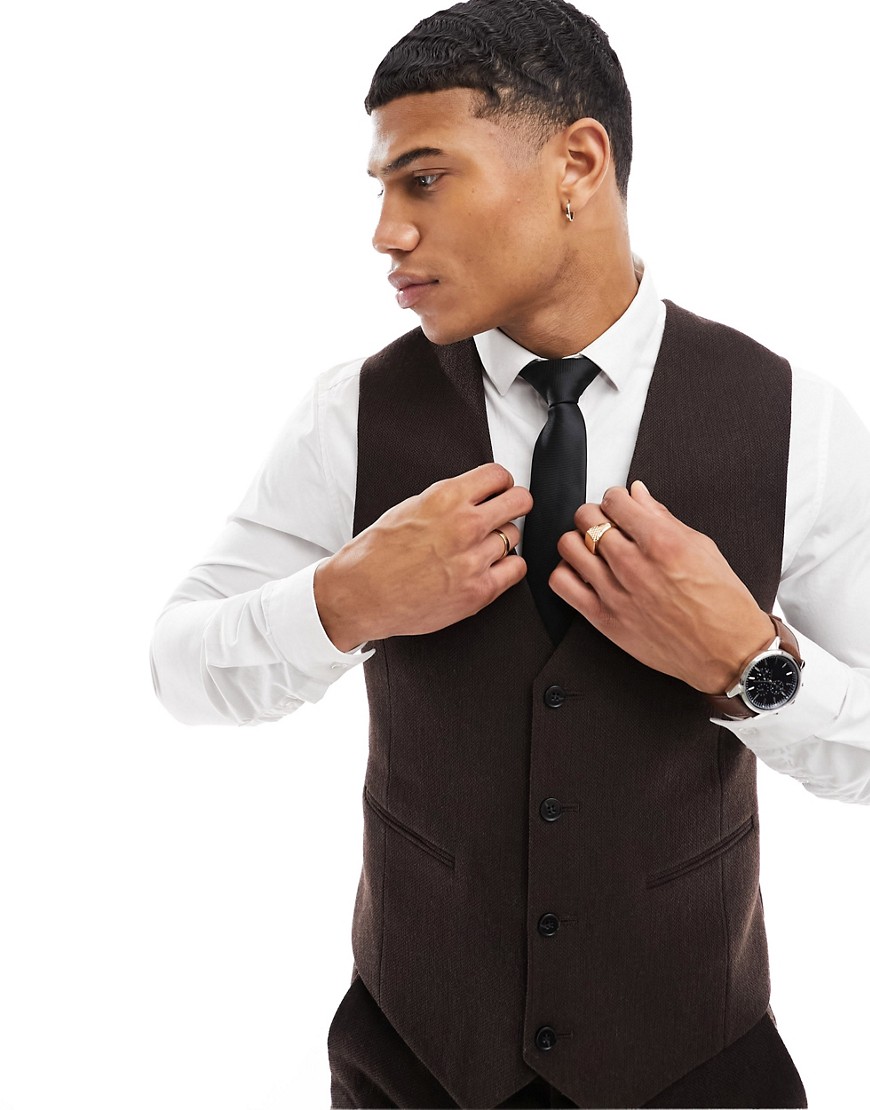 Asos Design Wedding Slim Wool Mix Suit Vest In Dark Brown Basketweave Texture
