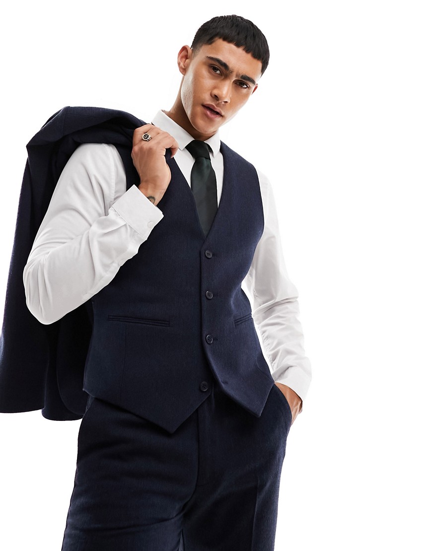 Asos Design Wedding Slim Wool Mix Suit Vest In Navy Basketweave Texture