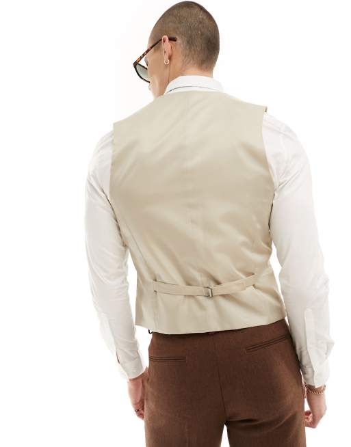ASOS DESIGN wedding slim wool mix suit waistcoat in brown basketweave texture, 2 of 5
