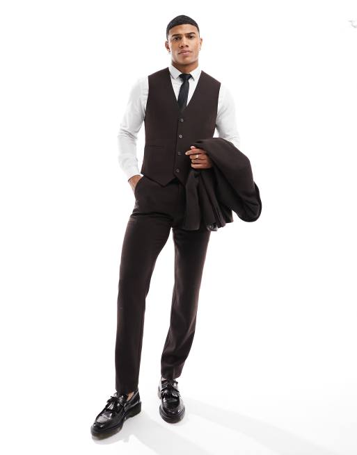 ASOS DESIGN wedding slim wool mix suit waistcoat in dark brown basketweave texture, 3 of 5