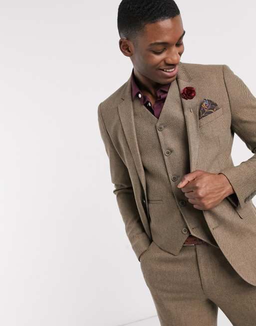 ASOS DESIGN Wedding - Smal kostuum van wolmix met visgraatmotief in camel, 2 van 3